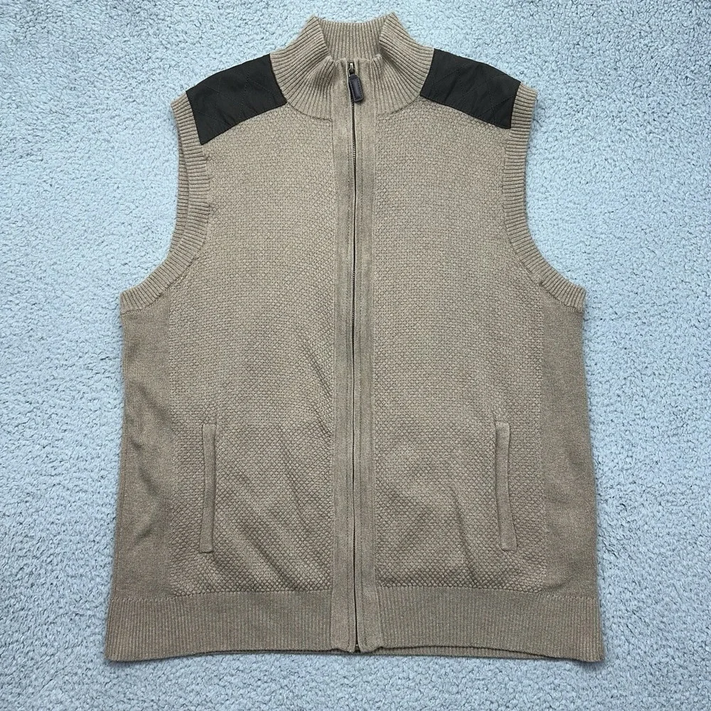 Roundtree & Yorke Mens Large Full Zip Sweater Vest Brown Knit Faux Leather Patch
